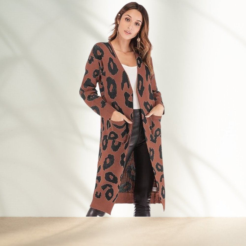 Long Sleeve Leopard Maxi Cardigan : Brown w/Black Spots
